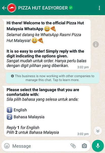 马来西亚的必胜客披萨连锁店开发的WhatsApp自动订单系统集成了智能营销机器人功能